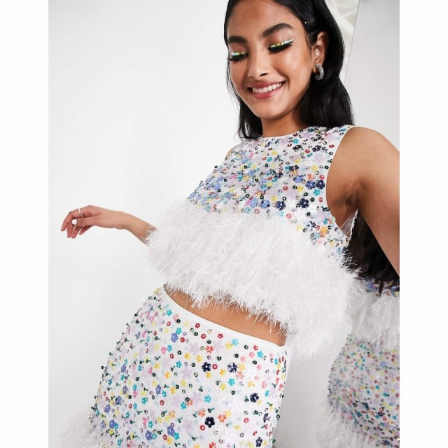 エイソス ASOS EDITION レディース ベアトップ・チューブトップ・クロップド トップス Ditsy Floral Sequin Crop Top With Feather Hem