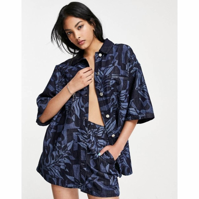 トップショップ Topshop レディース ブラウス・シャツ デニム トップス Palm Laser Print Lightweight Co-Ord Denim Shirt In Indigo イ