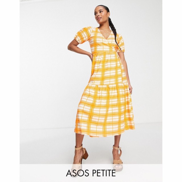 エイソス ASOS DESIGN レディース ワンピース ラップドレス Ａライン Petite Tiered Midi Wrap Dress With Puff Sleeve In Orange Check