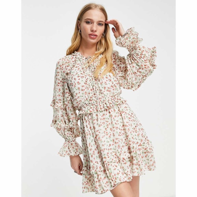 トップショップ Topshop レディース ワンピース ミニ丈 ワンピース・ドレス Vintage Floral Ruffle Lattice Front Mini Dress In Multi