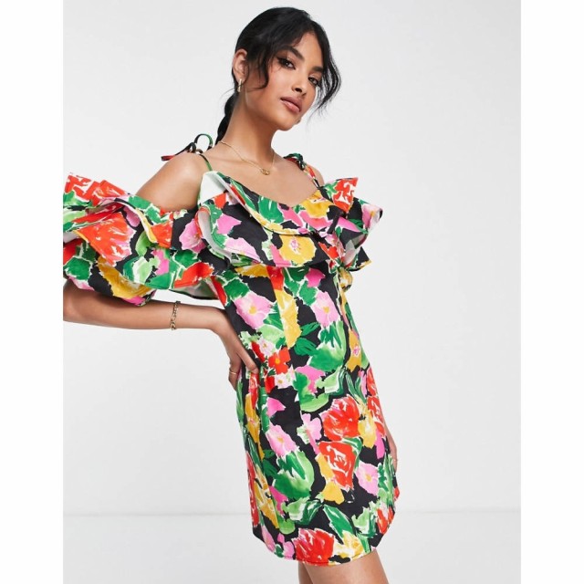 トップショップ Topshop レディース ワンピース ワンピース・ドレス Cotton Blend Bold Floral Ruffle Bardot Mini Dress In Multi マル