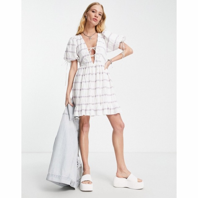 トップショップ Topshop レディース ワンピース ミニ丈 ワンピース・ドレス Textured Stripe Plunge Mini Tea Dress In Ivory アイボリー