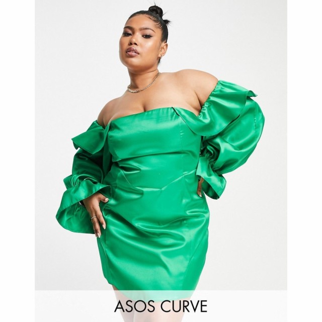 エイソス ASOS Luxe レディース ボディコンドレス タイト Asos Luxe Curve Satin Bardot Bodycon Dress With Puff Sleeves In Bright Gre