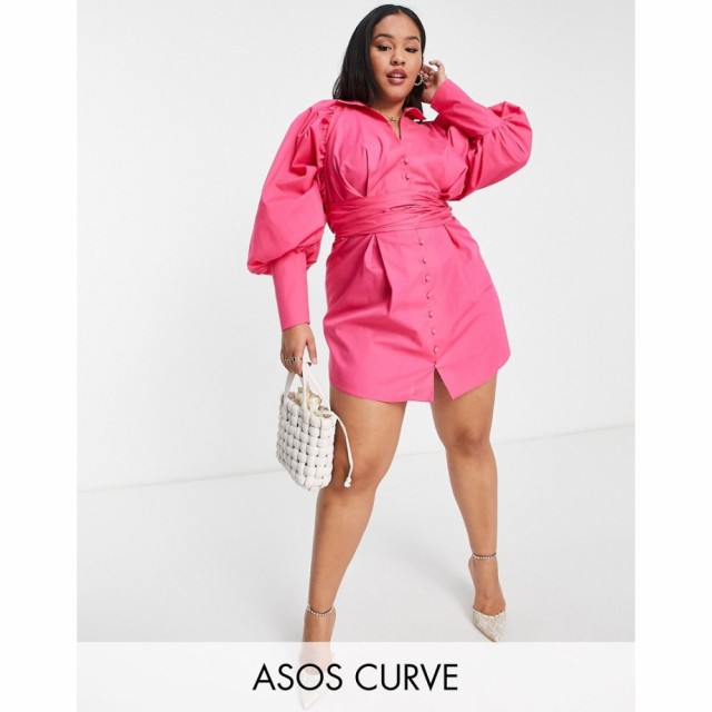 エイソス ASOS Luxe レディース ワンピース シャツワンピース Asos Luxe Curve Poplin Shirt Dress With Puff Sleeves In Hot Pink ホッ