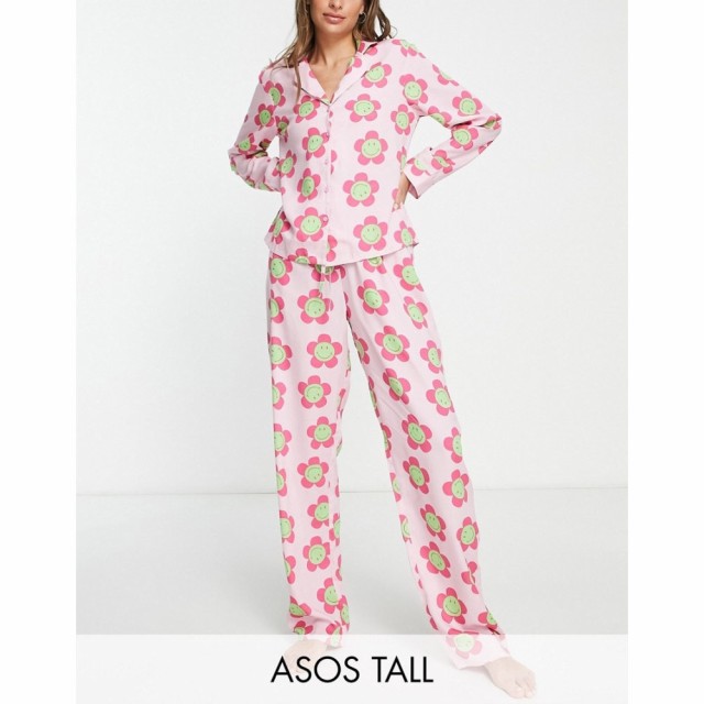 エイソス ASOS Tall レディース パジャマ・上下セット シャツ Tall Smiley Flower Modal Long Sleeve Shirt and Trouser Pyjama Set In P