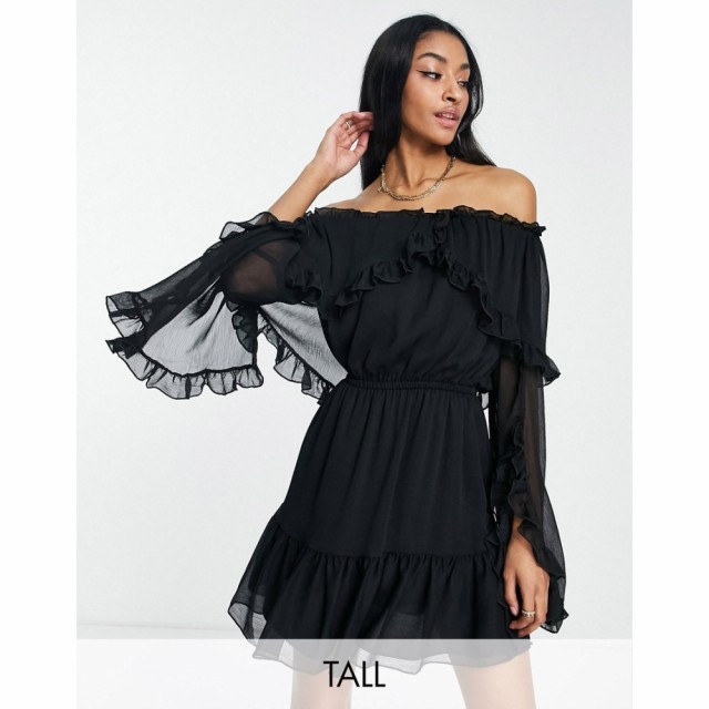 トップショップ Topshop Tall レディース ワンピース ミニ丈 ワンピース・ドレス Topshop Frill Ruffle Bardot Mini Dress In Black ブラ