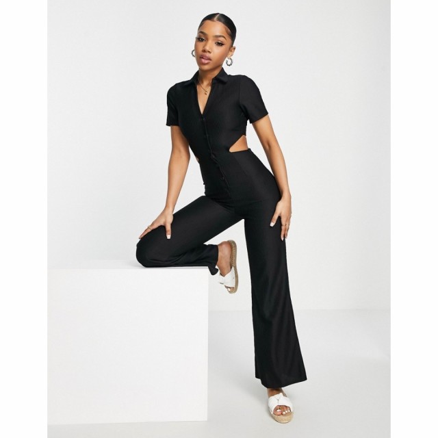 エイソス ASOS DESIGN レディース オールインワン ジャンプスーツ ワンピース・ドレス Jersey Rib Collar Retro Jumpsuit In Black ブラ