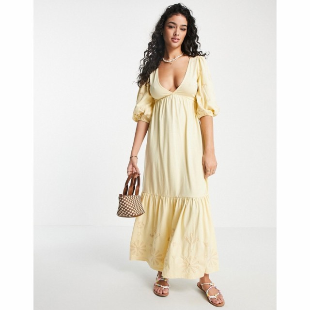 エイソス ASOS DESIGN レディース ワンピース マキシ丈 ワンピース・ドレス Puff Sleeve Maxi Dress With Embroidery In Buttermilk バタ