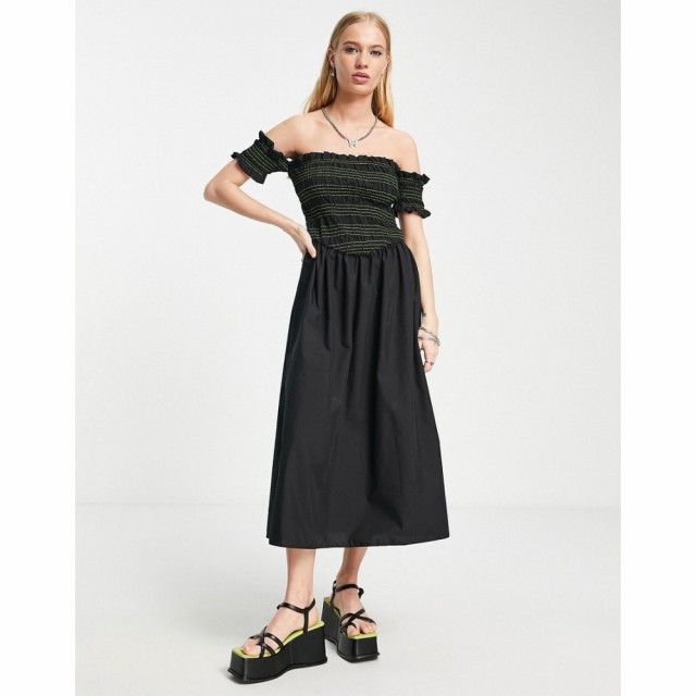 トップショップ Topshop レディース ワンピース ワンピース・ドレス Contrast Stitching Shirred Bardot Dress In Black ブラック