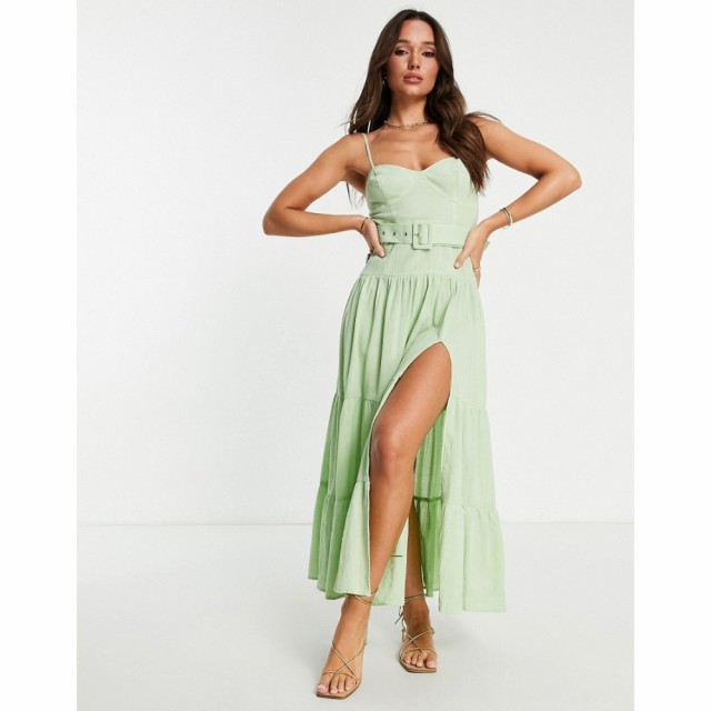 エイソス ASOS DESIGN レディース ワンピース サンドレス マキシ丈 ワンピース・ドレス Tiered Belted Maxi Sundress In Apple Green ア