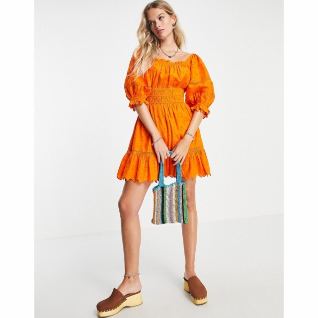 トップショップ Topshop レディース ワンピース ミニ丈 ワンピース・ドレス Broderie Channel Mini Dress In Orange オレンジ