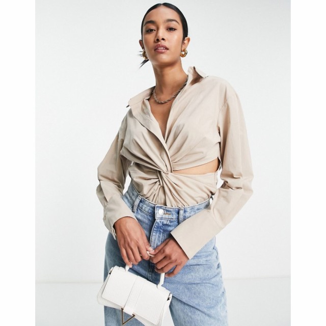 トップショップ Topshop レディース ボディースーツ インナー・下着 Shirt Twist Front Bodysuit In Stone ベージュ