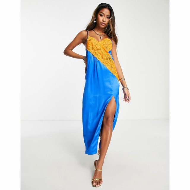 トップショップ Topshop レディース ワンピース スリップドレス ワンピース・ドレス Contrast Lace Colour Block Slip Dress In Blue Wit