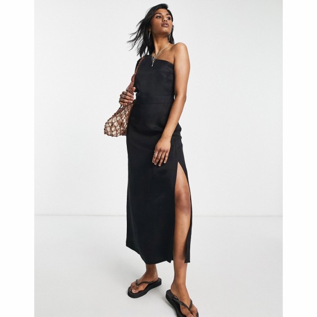 トップショップ Topshop レディース ワンピース ワンピース・ドレス One Shoulder Linen Midi Dress In Black ブラック