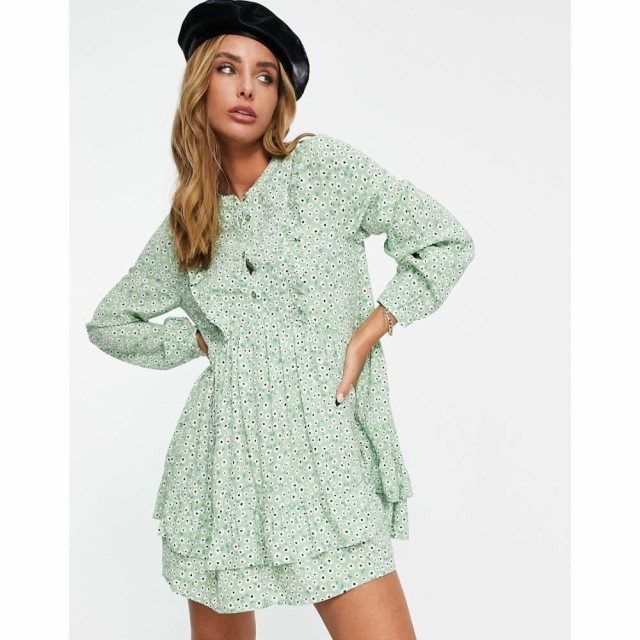 エディテッド Edited レディース ワンピース Ａライン ワンピース・ドレス Mini Tiered Tea Dress In Green Daisy Print