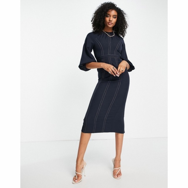 エイソス ASOS DESIGN レディース ワンピース ミドル丈 ワンピース・ドレス Belted Contrast Stitch Puff Sleeve Midi Dress In Navy ネ