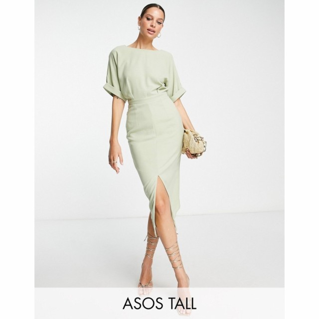 エイソス ASOS Tall レディース ワンピース ミドル丈 ワンピース・ドレス Tall Wiggle Midi Dress In Sage Green セージグリーン