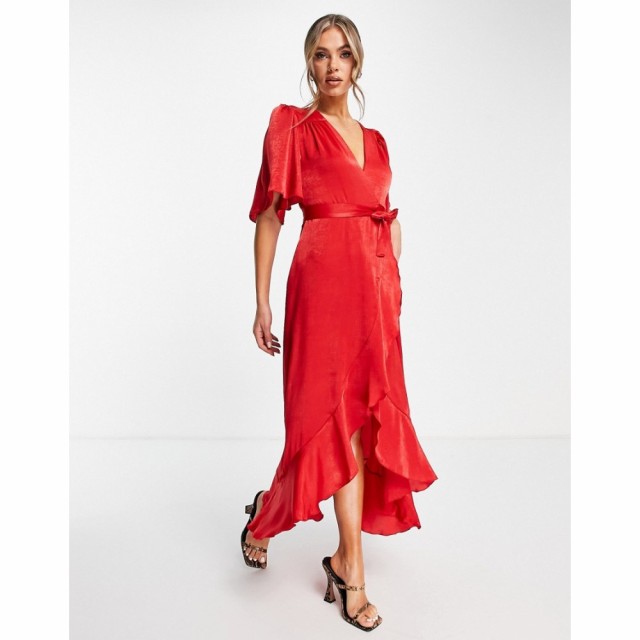 フラウンスロンドン Flounce London レディース ワンピース ラップドレス マキシ丈 Flutter Sleeve Wrap Front Maxi Dress In Red Satin