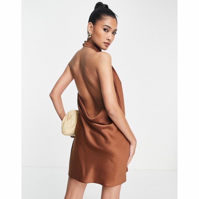 エイソス ASOS DESIGN レディース ワンピース ミニ丈 ワンピース・ドレス Satin Drape Neck Backless Mini In Chocolate チョコレート