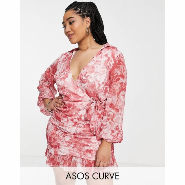 エイソス ASOS Curve レディース ワンピース ラップドレス ワンピース・ドレス Curve Soft Wrap Mini Dress With Balloon Sleeves In Flo