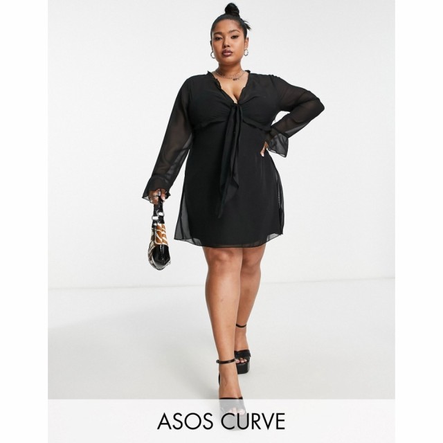 エイソス ASOS Curve レディース ワンピース ミニ丈 ワンピース・ドレス Curve Tie Front Lettuce Edge 90S Mini Tea Dress In Black ブ