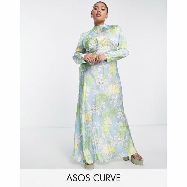 エイソス ASOS Curve レディース ワンピース マキシ丈 ワンピース・ドレス Curve High Neck Maxi Satin Tea Dress In Large Floral