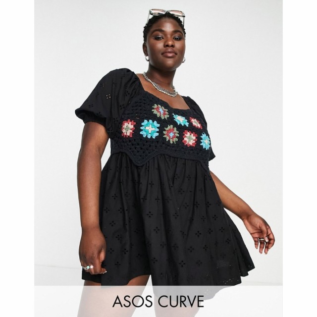 エイソス ASOS Curve レディース ワンピース ミニ丈 ワンピース・ドレス Curve Crochet Puff Sleeve Broderie Mini Dress In Black ブラ