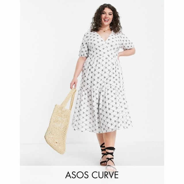 エイソス ASOS DESIGN レディース ワンピース ラップドレス Ａライン Curve Broderie Short Sleeve Tiered Wrap Midi Dress In White And