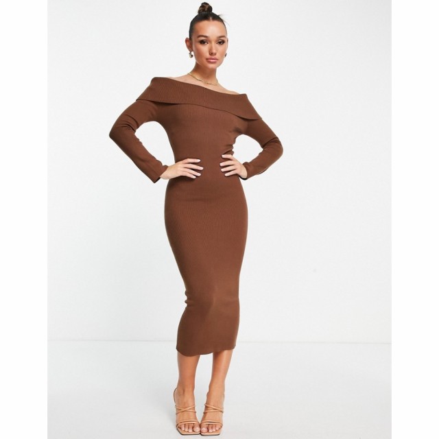 プリティーラビッシュ Pretty Lavish レディース ワンピース ワンピース・ドレス Bardot Knitted Midaxi Dress In Chocolate Brown