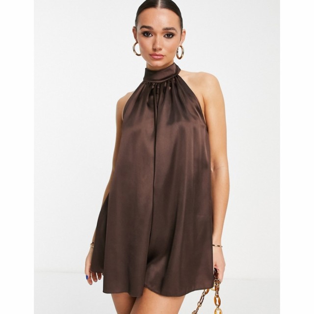 エイソス ASOS DESIGN レディース オールインワン ショート ワンピース・ドレス Satin Halter Neck Playsuit In Chocolate チョコレート