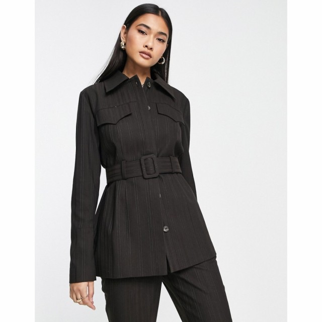 トップショップ Topshop レディース スーツ・ジャケット シャツジャケット アウター Co Ord Western Belted Shacket In Chocolate Pinstr