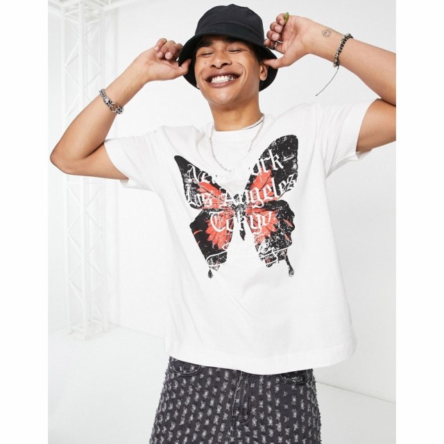 グッドフォーナッシング Good For Nothing メンズ Tシャツ トップス Oversized T-Shirt In Off White With City And Butterfly Print ホ