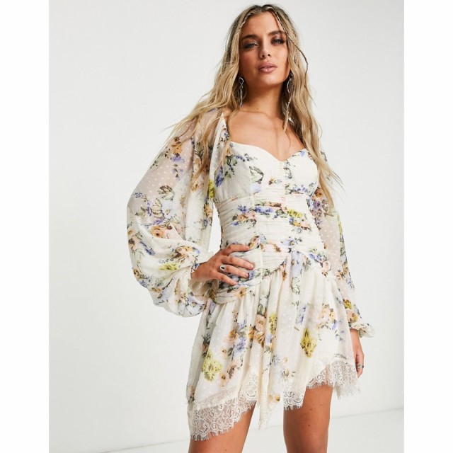 エイソス ASOS DESIGN レディース ワンピース ワンピース・ドレス Ruched Mini Dress With Hanky Hem In Cream Vintage Floral Print