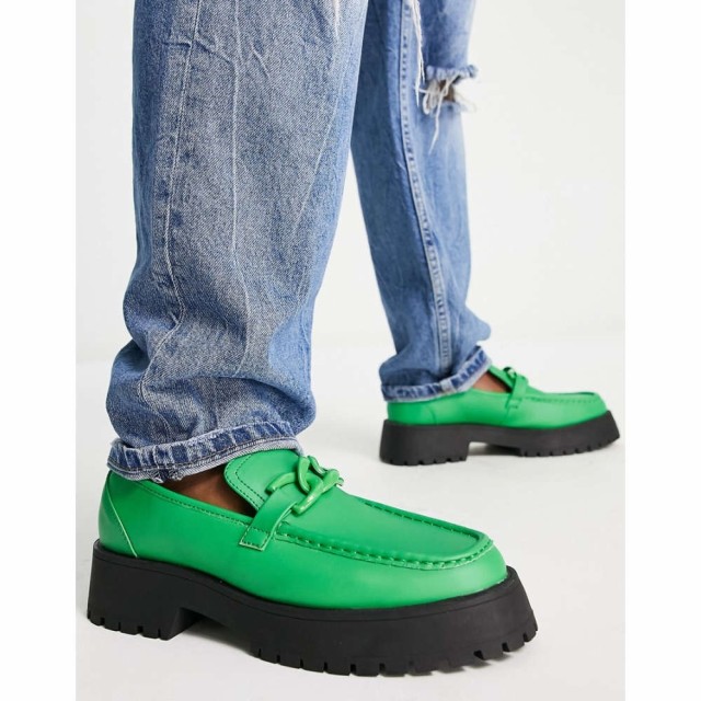 エイソス ASOS DESIGN メンズ ローファー シューズ・靴 Chunky Loafer In Green Faux Leather With Chain Detail And Contrast Sole グリ