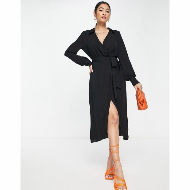 エイソス ASOS DESIGN レディース ワンピース ラップドレス ミドル丈 ワンピース・ドレス Collared Wrap Midi Dress With Tie Belt In Bl