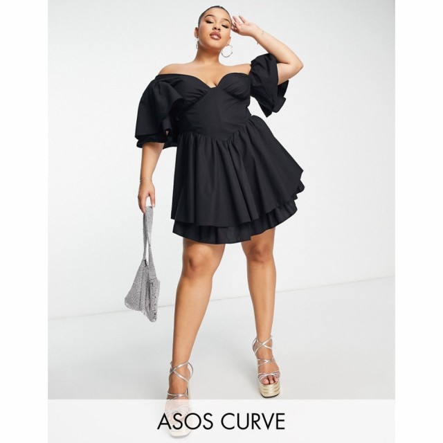 エイソス ASOS Luxe レディース ワンピース Asos Luxe Curve One Shoulder Cotton Dress With Corset Detail And Ruffles In Black ブラ