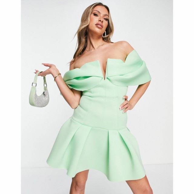 エイソス ASOS DESIGN レディース ワンピース ミニ丈 ワンピース・ドレス Bardot Drape Mini Dress With Pep Hem In Green Ash アッシュ