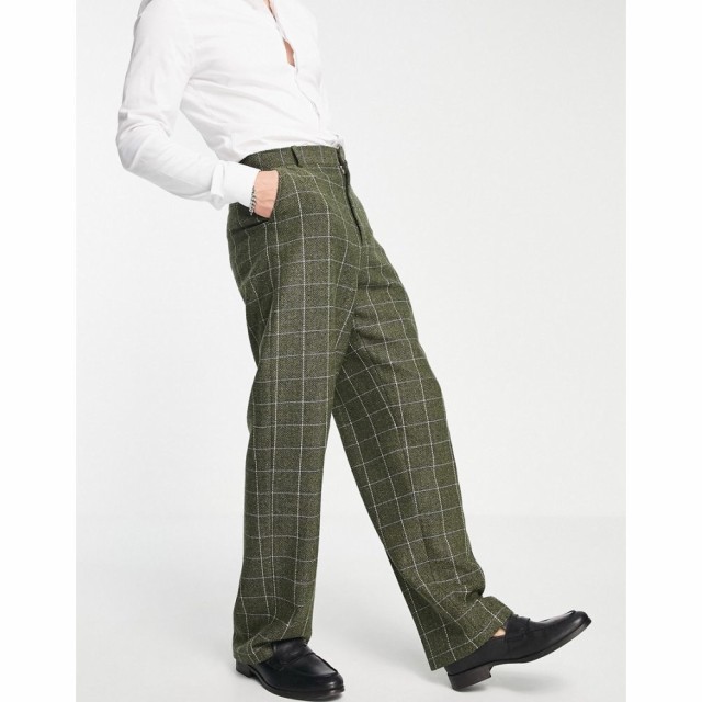 エイソス ASOS DESIGN メンズ スラックス ボトムス・パンツ High Waist Wide Leg Trousers In Green Wool Mix Window Check ライフルグリ