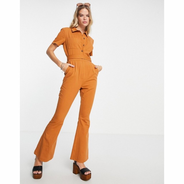 エイソス ASOS DESIGN レディース オールインワン ツナギ ワンピース・ドレス Twill 70S Kickflare Boiler Suit In Brown ブラウン