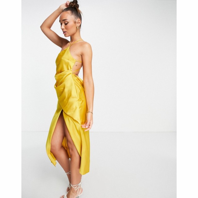 エイソス ASOS DESIGN レディース ワンピース ワンピース・ドレス One Shoulder Satin Midi Dress With Drape Bodice Detail マスタード