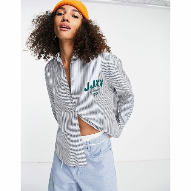 JJXX レディース ブラウス・シャツ トップス Oversized Shirt In Blue And Green Stripe With Logo