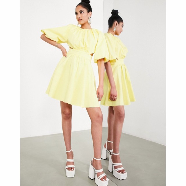 エイソス ASOS EDITION レディース ワンピース ミニ丈 ワンピース・ドレス Puff Sleeve Mini Dress With Cut Out Back In Lemon レモン