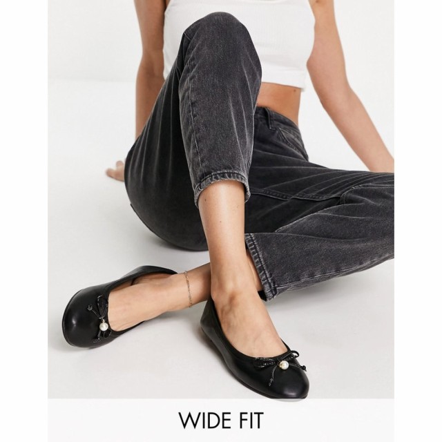 リバーアイランド River Island レディース スリッポン・フラット シューズ・靴 Wide Fit Bow Front Ballerina Shoe In Black ブラック