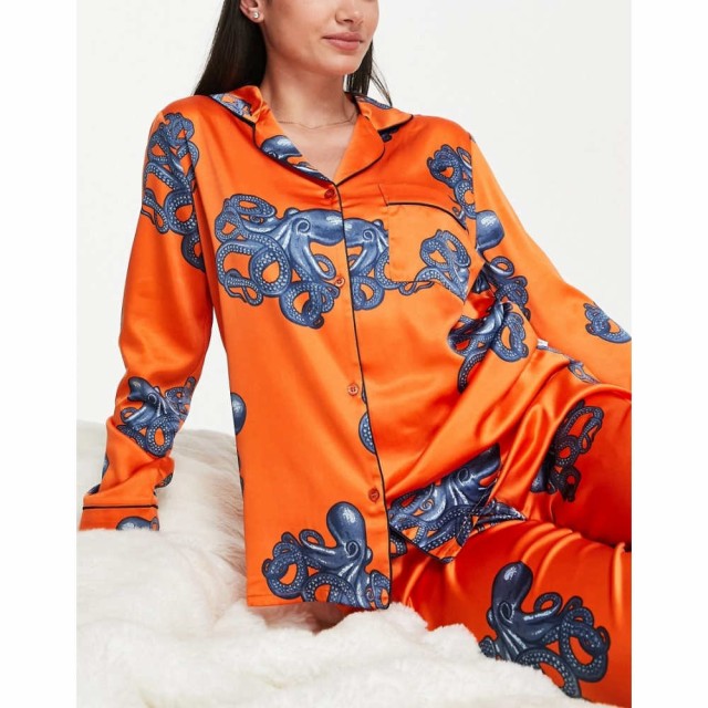 チェルシーペアーズ Chelsea Peers レディース パジャマ・上下セット Premium Satin Revere Top And Trouser Pyjama Set In Orange Octop