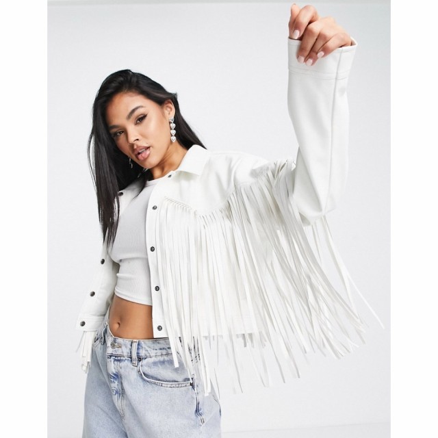 ミスガイデッド Missguided レディース レザージャケット アウター Crop Western Trucker Jacket With Fringe Detail In White Faux Leat