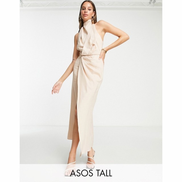 エイソス ASOS DESIGN レディース ワンピース ミドル丈 ワンピース・ドレス Tall High Neck Pleated Front Midi Dress In Stone Linen ベ