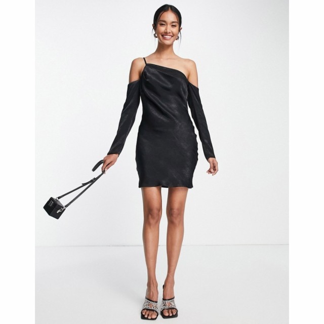 エイソス ASOS DESIGN レディース ワンピース ミニ丈 ワンピース・ドレス Asymmetric Satin Mini Dress With Cold Shoulder In Black ブ