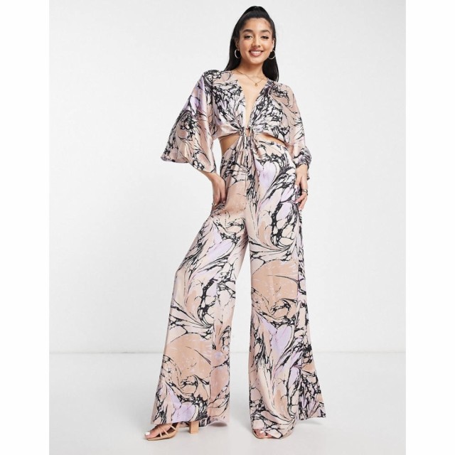 エイソス ASOS DESIGN レディース オールインワン ジャンプスーツ ワンピース・ドレス Kimono Sleeve Satin Jumpsuit In Marble Print