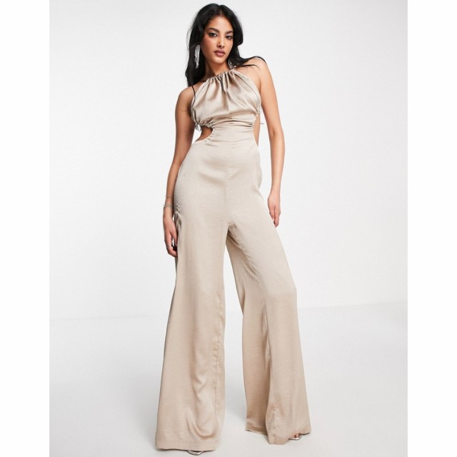 エイソス ASOS DESIGN レディース オールインワン ジャンプスーツ ワンピース・ドレス Satin Ruched Neck Cut Out Jumpsuit In Taupe ト