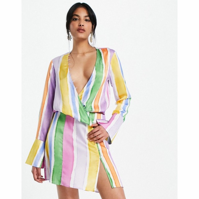 エイソス ASOS DESIGN レディース ワンピース ミニ丈 ワンピース・ドレス Satin Bias Cut Drape Mini Dress With Button Detail In Strip